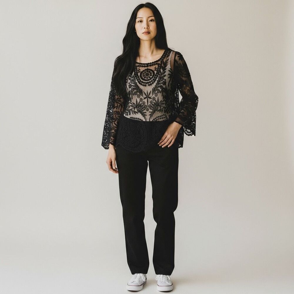 Simaier Solid Black Long Sleeve Sheer Round Neck Lace Floral Swim Coverup size M